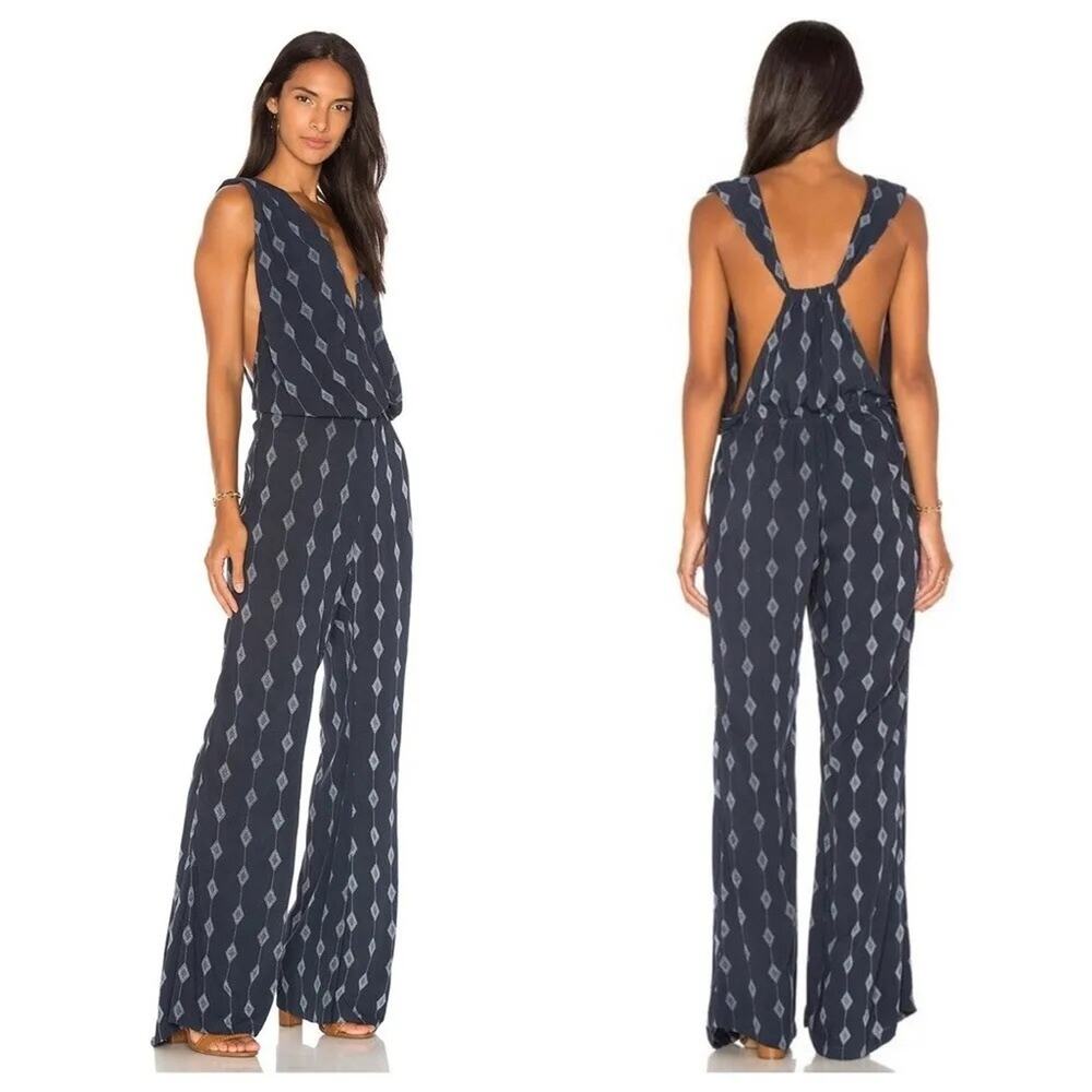 Indah Embers Surplice Boho Flared Open Back Jumpsuit Indigo Diamond XS